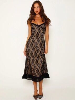 Commense Black Lace Slip Dress with Nude Lining